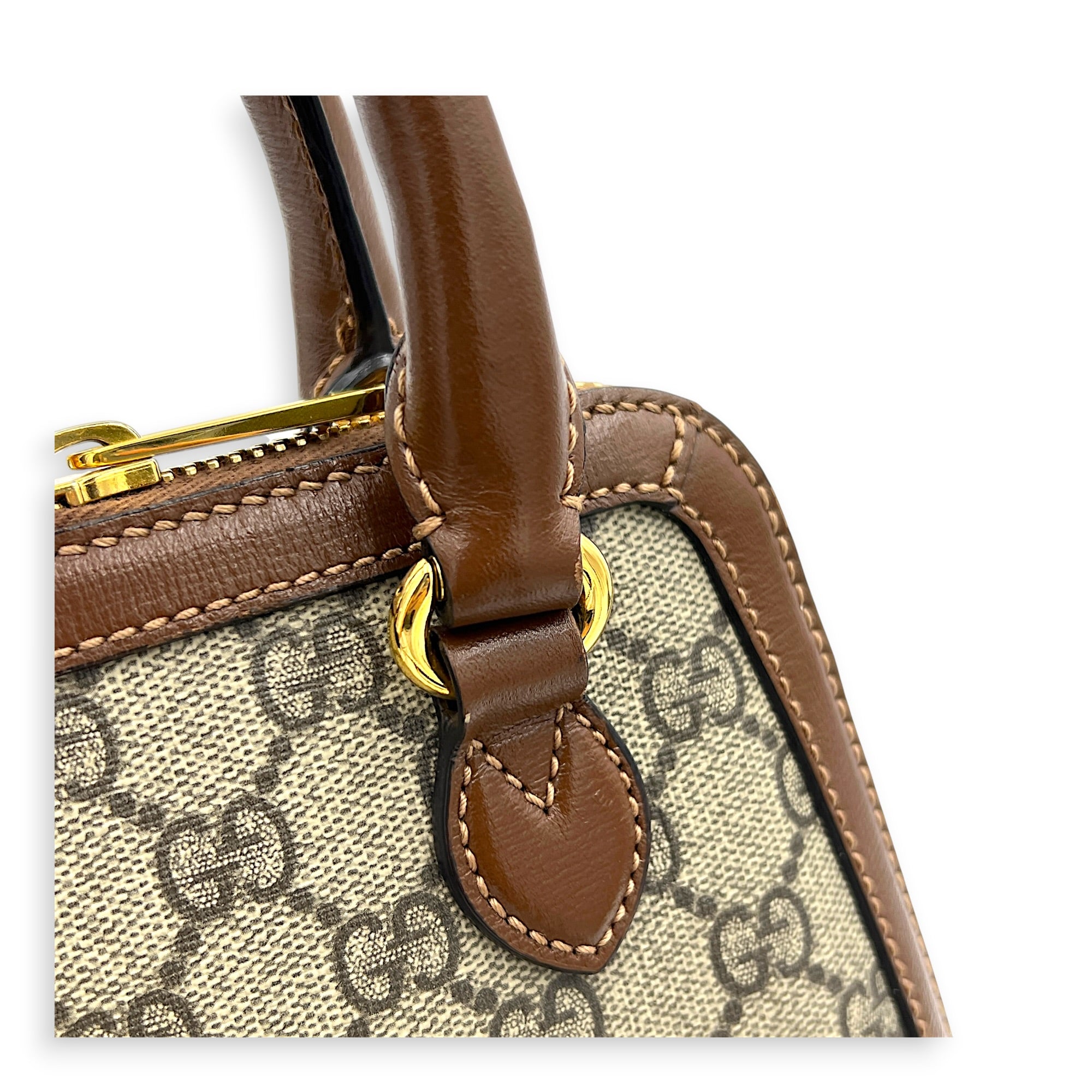Horsebit 1955 Brown Top Handle Bag in Coated Canvas, Gold hardware