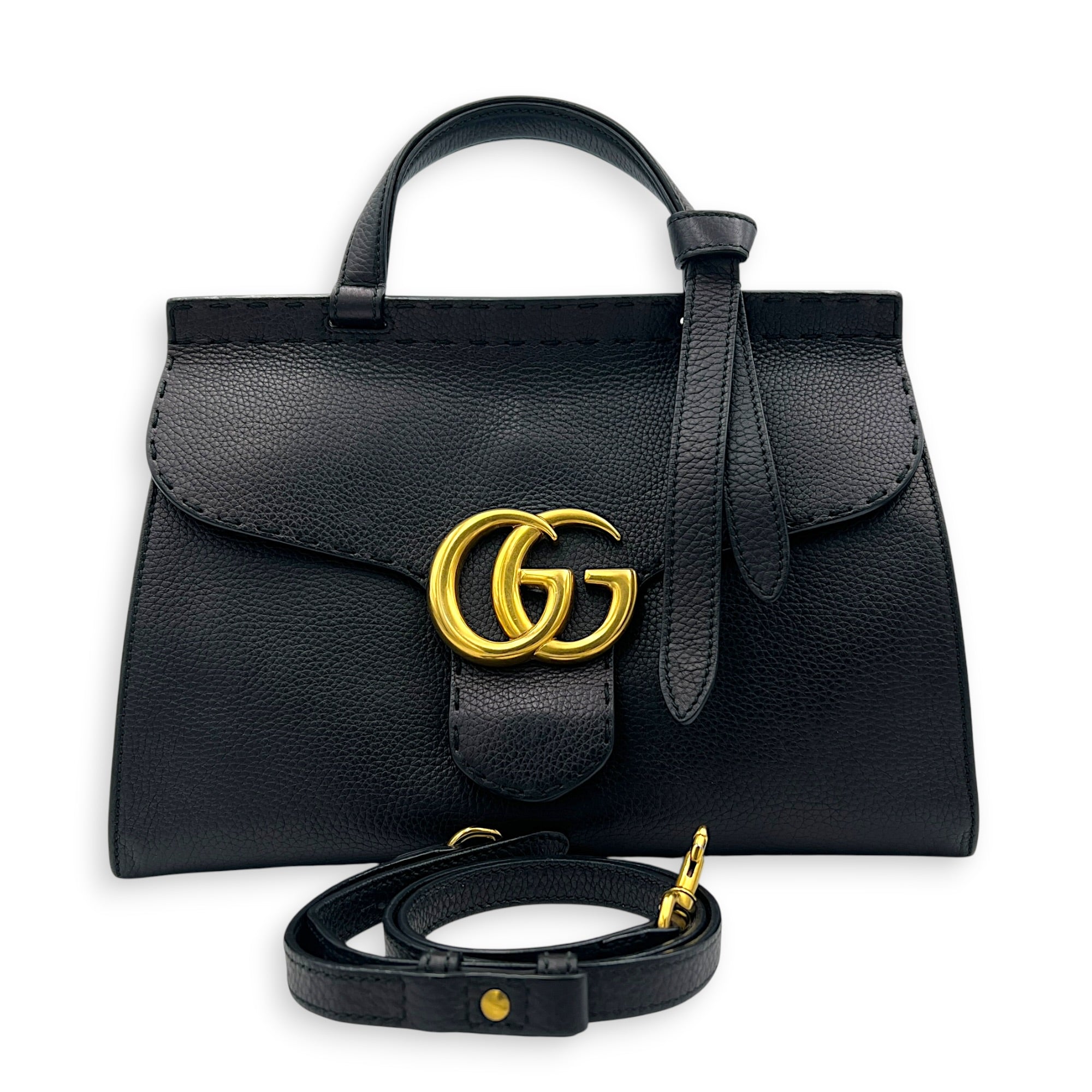 GG Marmont Black Top Handle Bag in Calfskin, Gold hardware