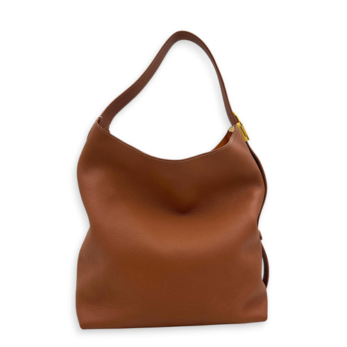 Low Key Hobo Brown Shoulder Bag in Taurillon Leather, Gold hardware