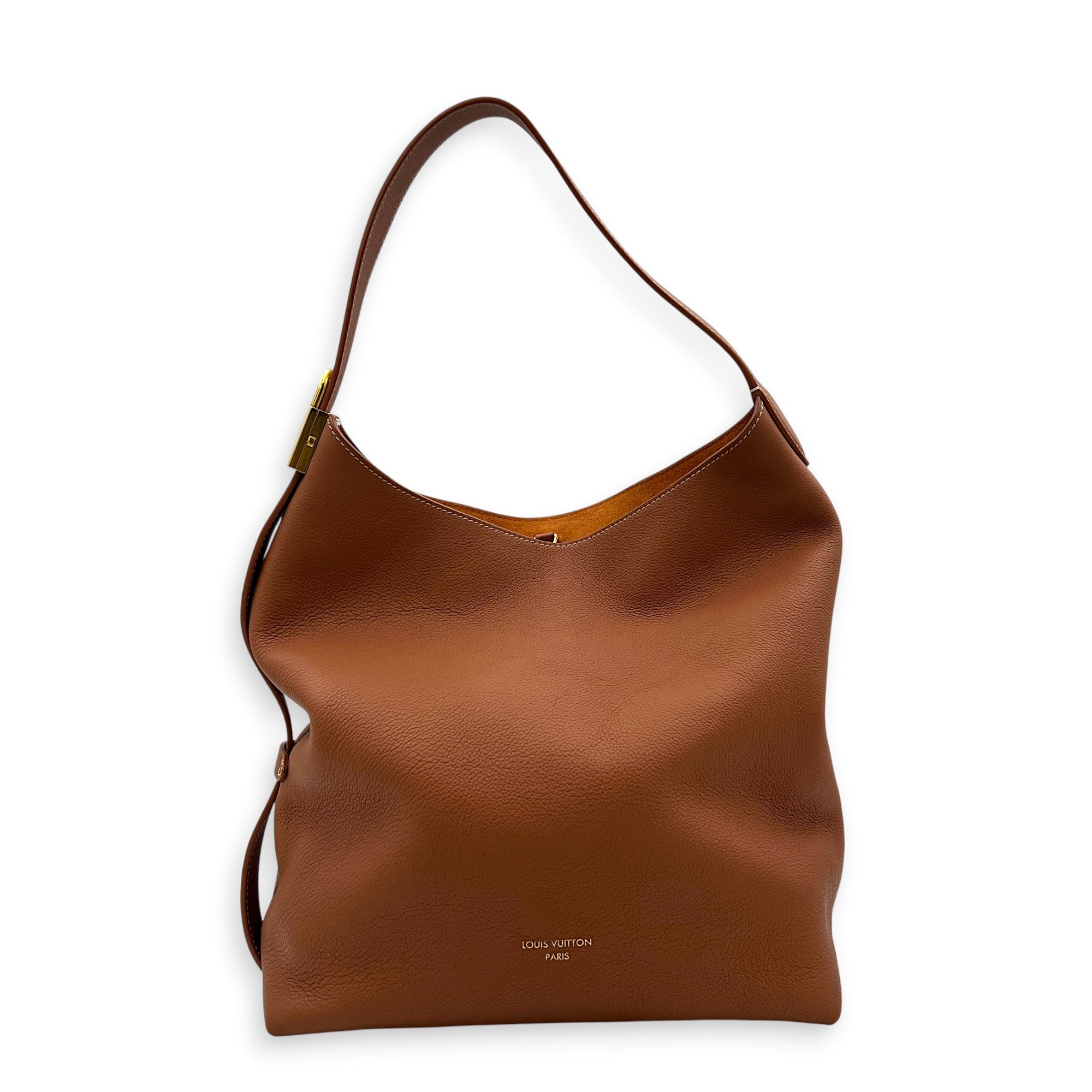 Low Key Hobo Brown Shoulder Bag in Taurillon Leather, Gold hardware