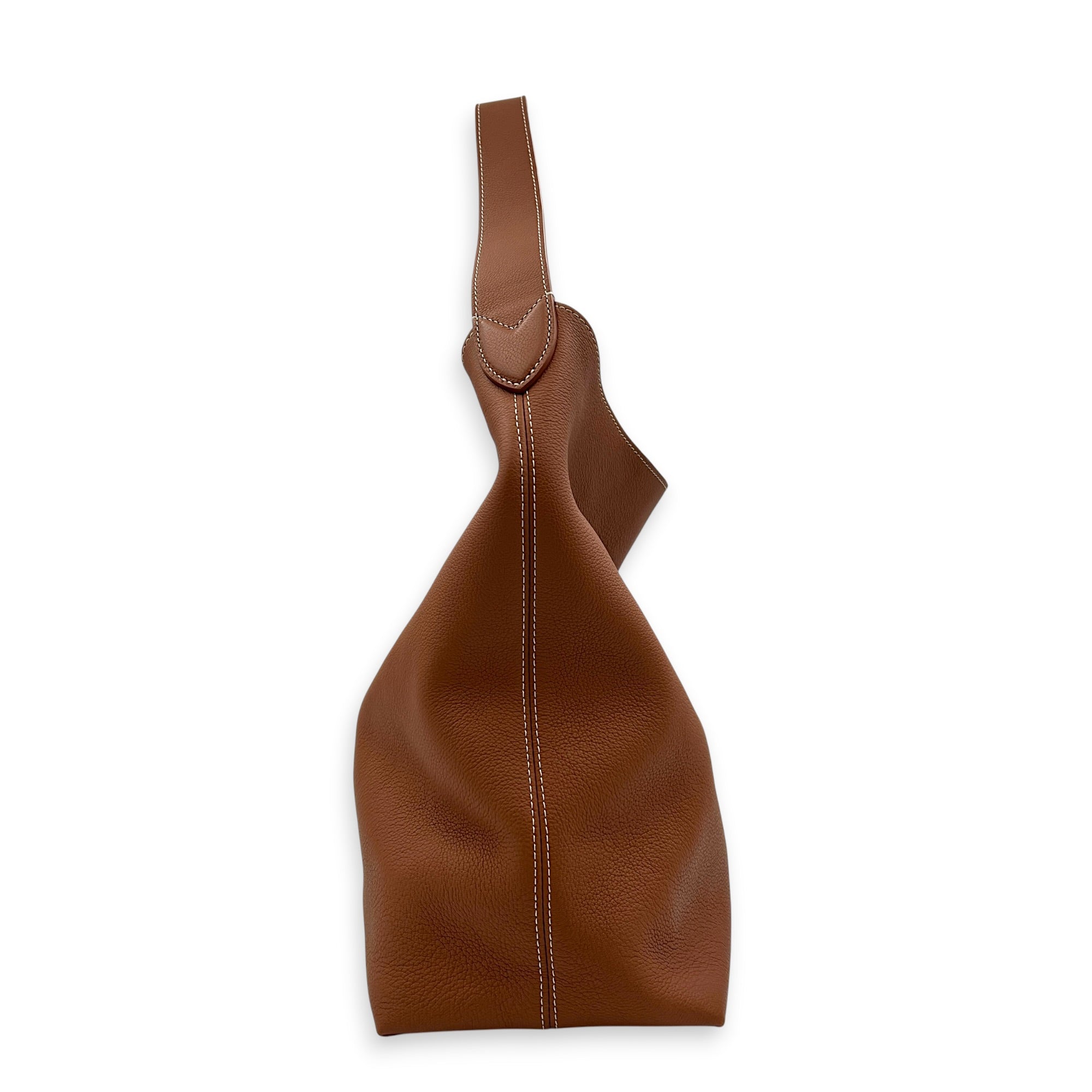Low Key Hobo Brown Shoulder Bag in Taurillon Leather, Gold hardware