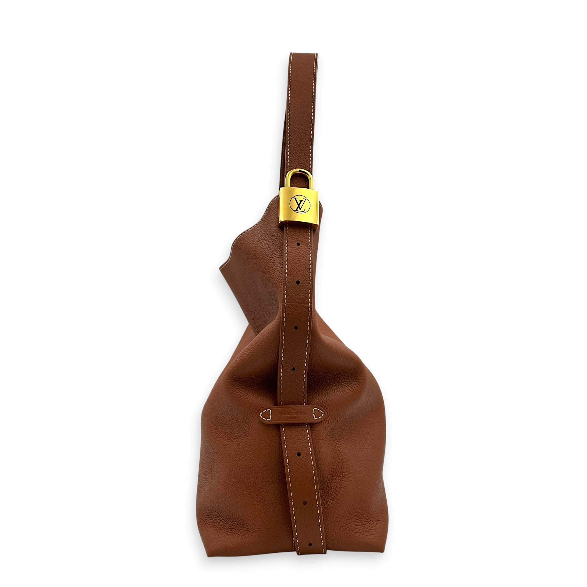 Low Key Hobo Brown Shoulder Bag in Taurillon Leather, Gold hardware