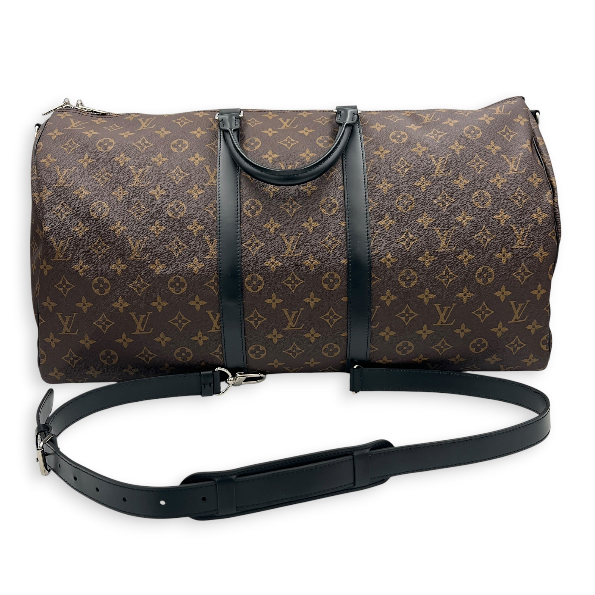 Keepall 55 Brown Top Handle Bag in Monogram Coated Canvas, Silver hardware