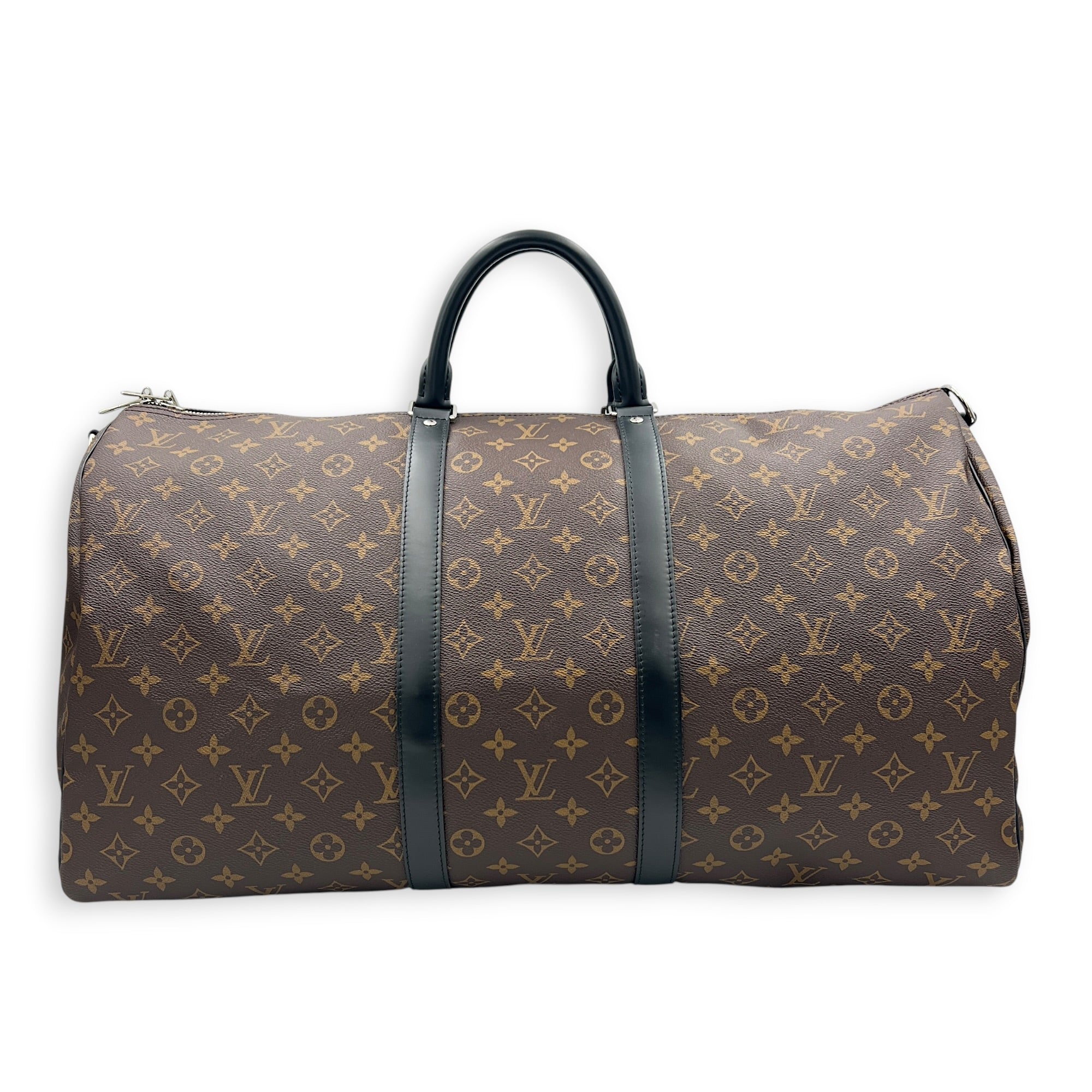Keepall 55 Brown Top Handle Bag in Monogram Coated Canvas, Silver hardware