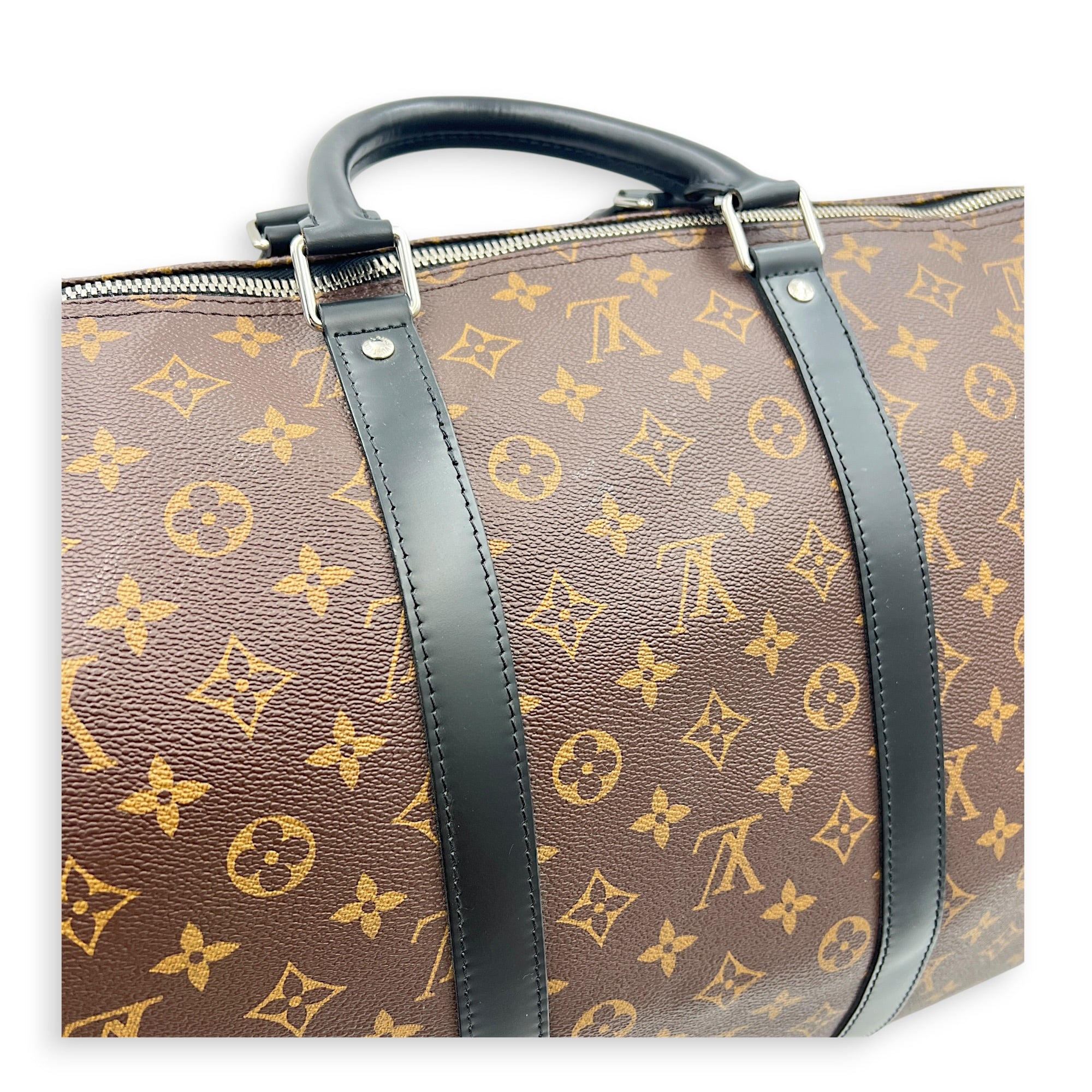 Keepall 55 Brown Top Handle Bag in Monogram Coated Canvas, Silver hardware