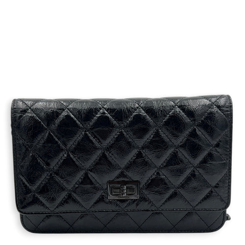 2.55 Black Wallet On Chain in Crinkled Patent, So Black hardware