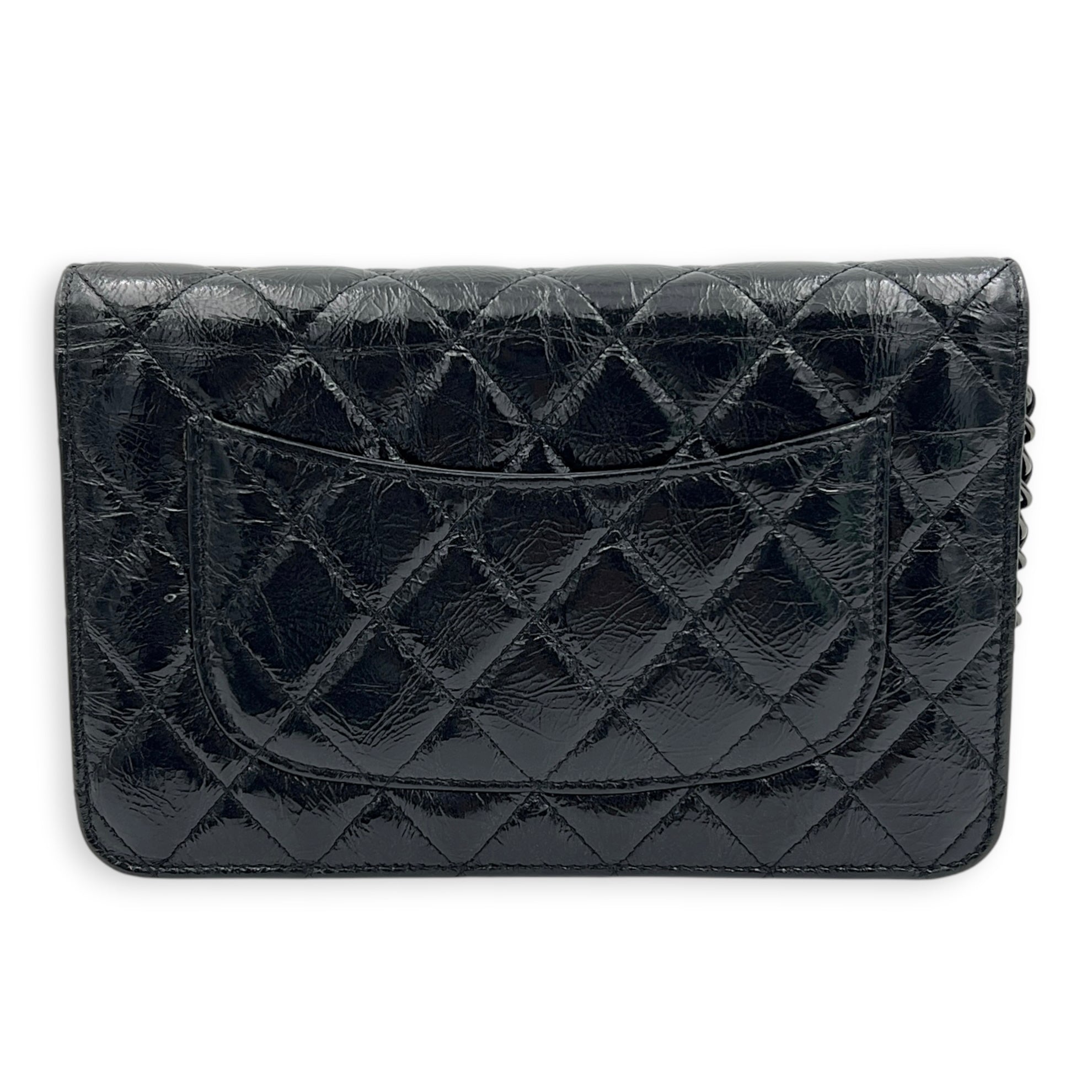 2.55 Black Wallet On Chain in Crinkled Patent, So Black hardware