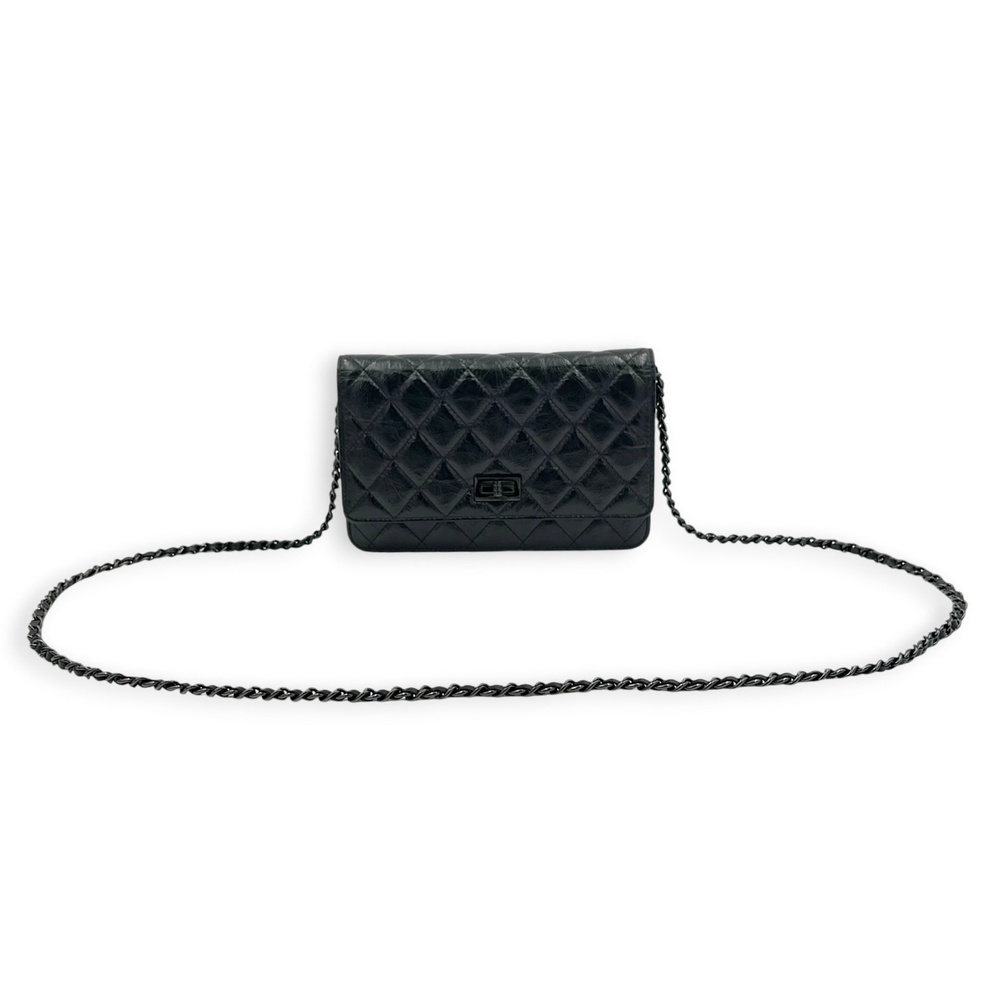 2.55 Black Wallet On Chain in Crinkled Patent, So Black hardware