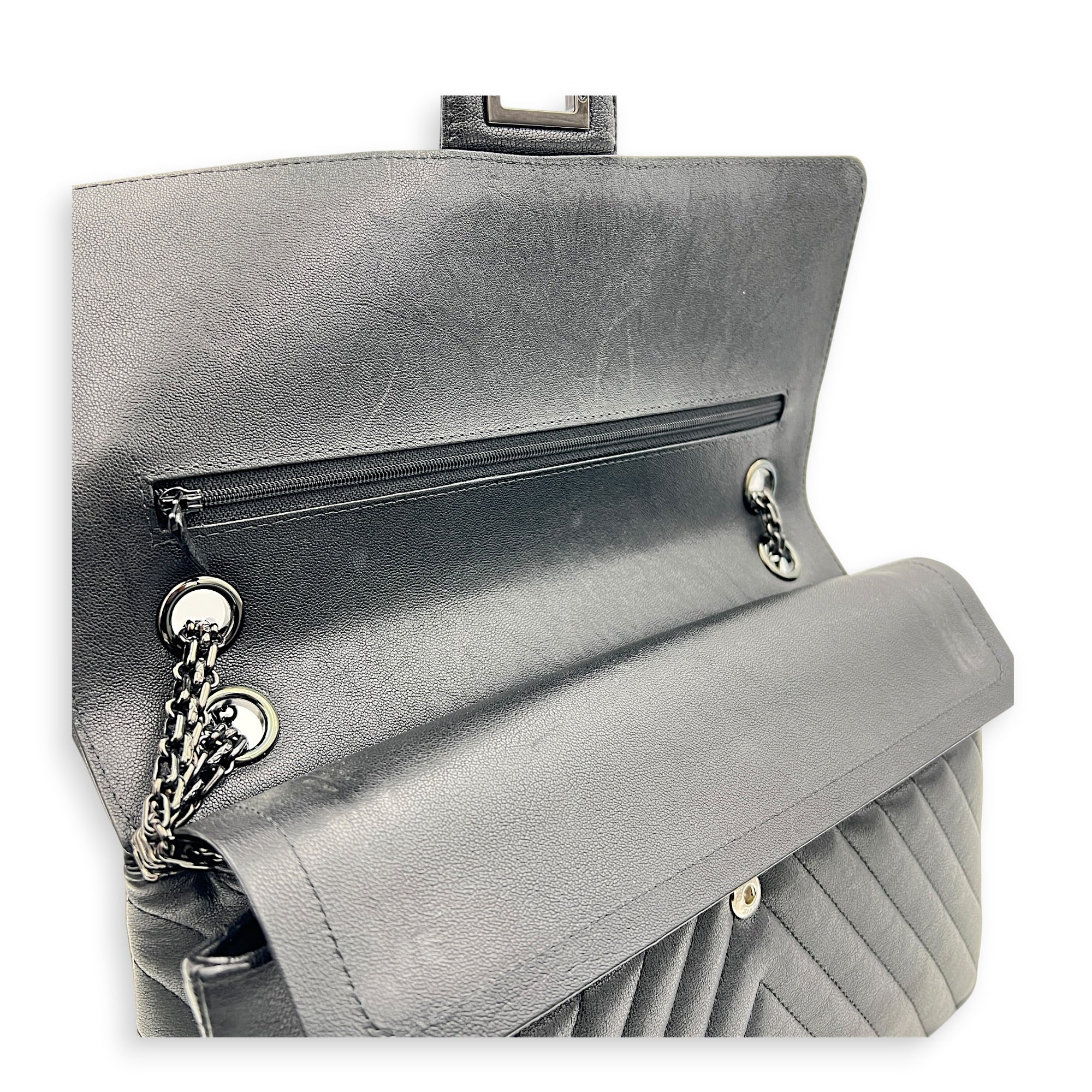 2.55 Medium Black Chevron Shoulder Bag in Calfskin, So Black hardware