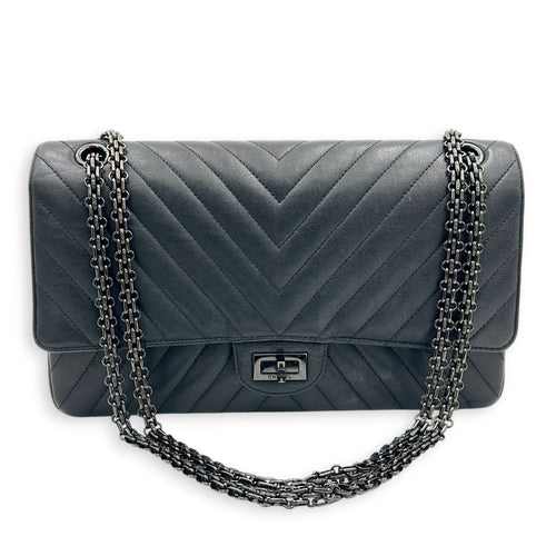 2.55 Medium Black Chevron Shoulder Bag in Calfskin, So Black hardware