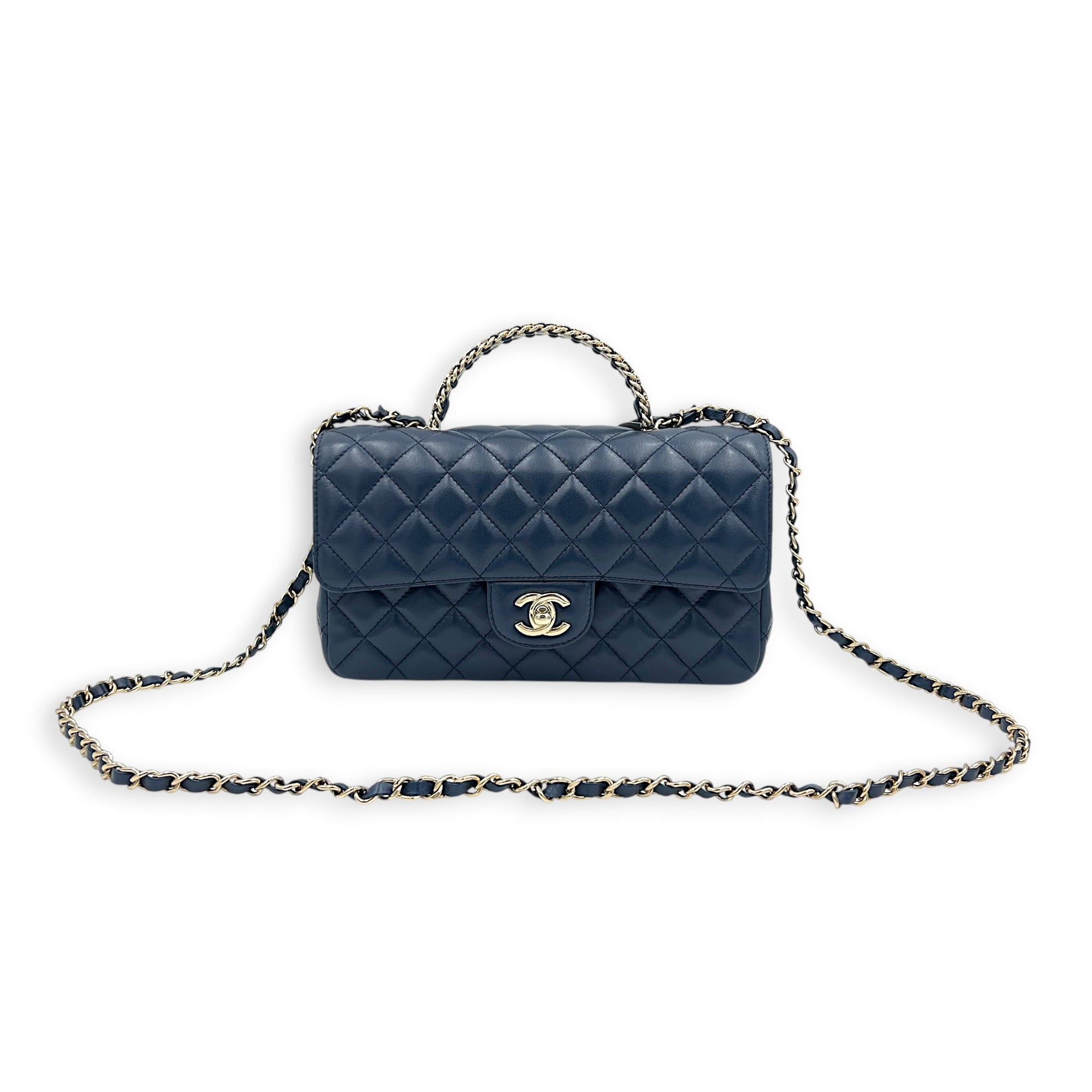Classic 23A Crystal Blue Top Handle Bag in Lambskin, Gold hardware