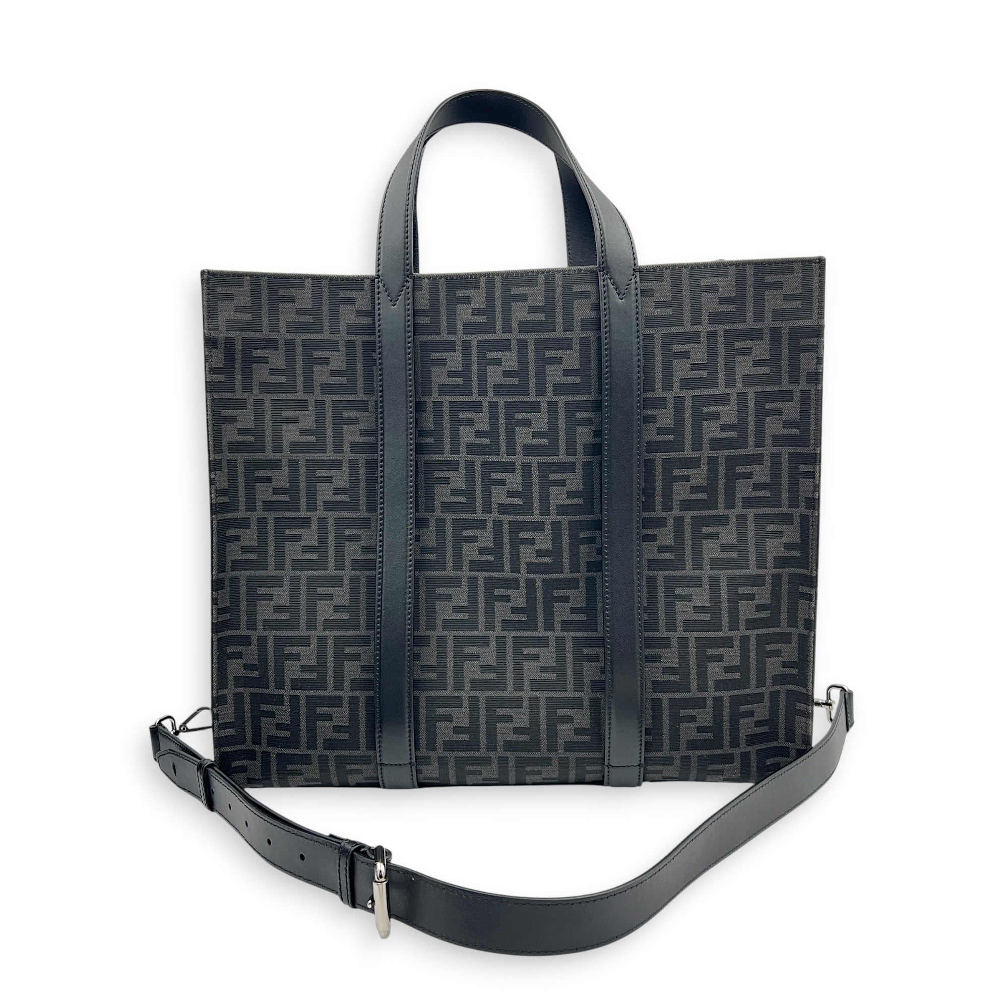 FF Shopper Black Top Handle Bag in Jacquard, Silver hardware