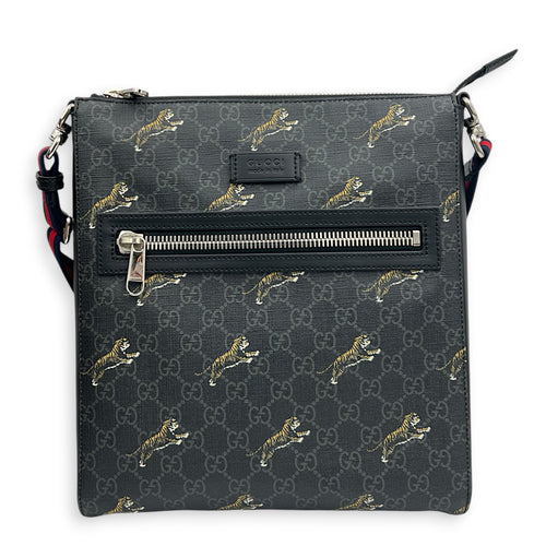 GG Supreme Black Crossbody Bag in Coated Canvas, Silver hardware