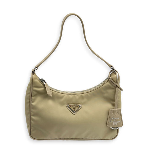 Re-Nylon Beige Shoulder Bag in Nylon, Silver hardware