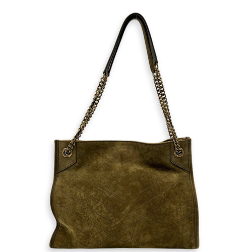Niki Olive Tote Bag in Suede Leather, Gold hardware