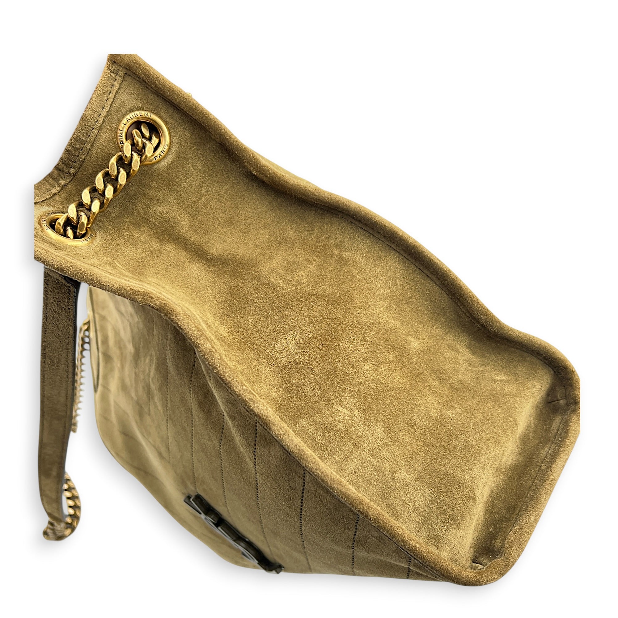 Niki Olive Tote Bag in Suede Leather, Gold hardware