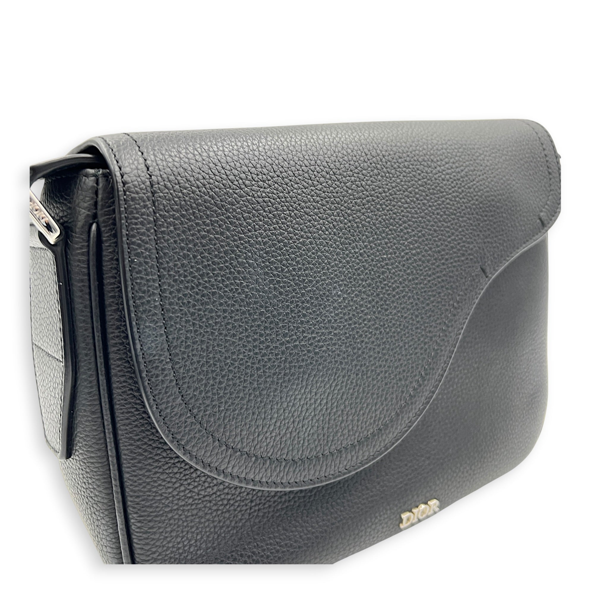 Saddle Mini Black Messenger in Calfskin, Silver hardware