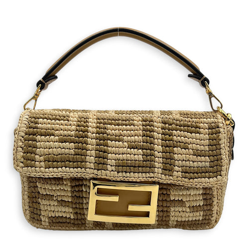 Baguette Mini Brown Crossbody Bag in Raffia, Gold hardware