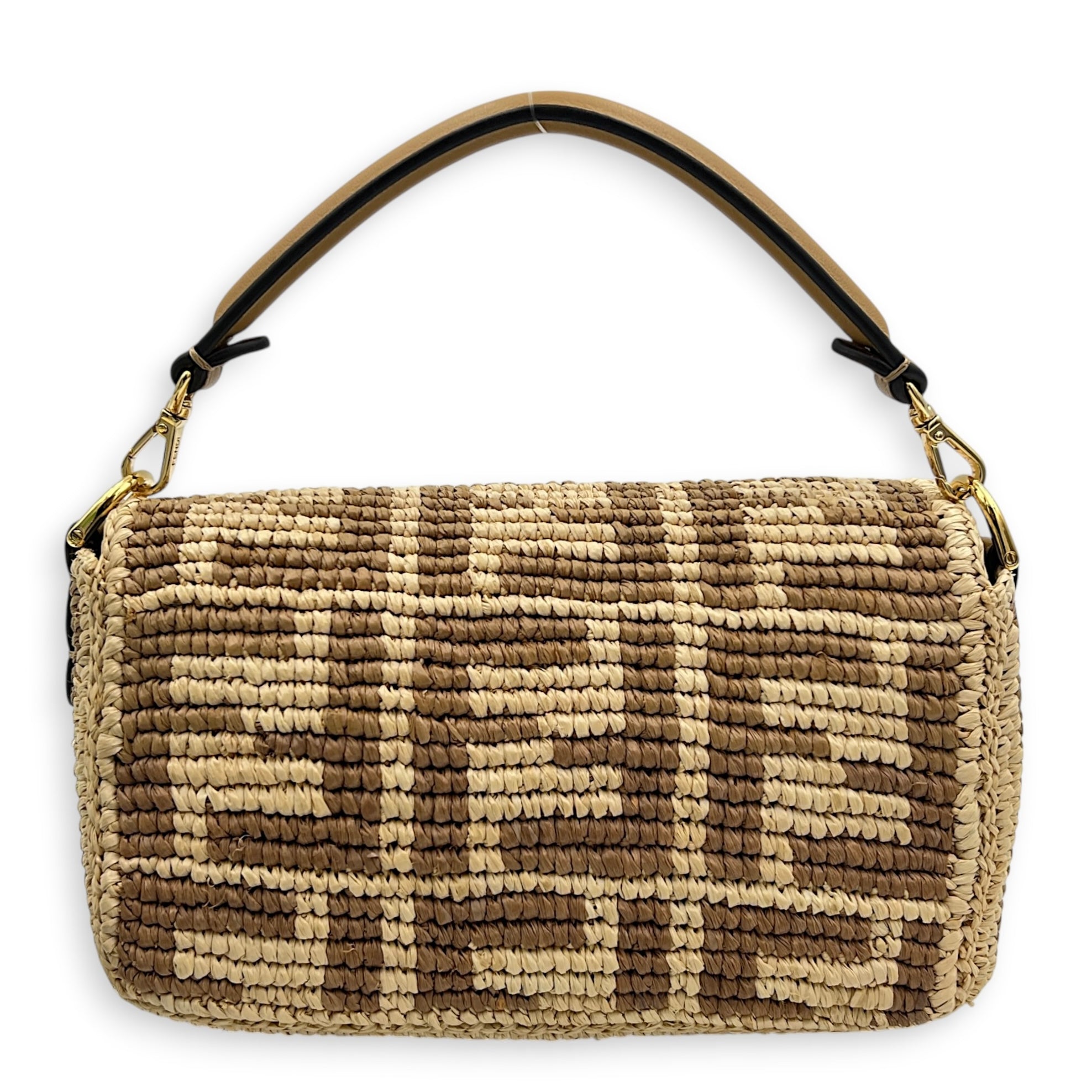 Baguette Mini Brown Crossbody Bag in Raffia, Gold hardware