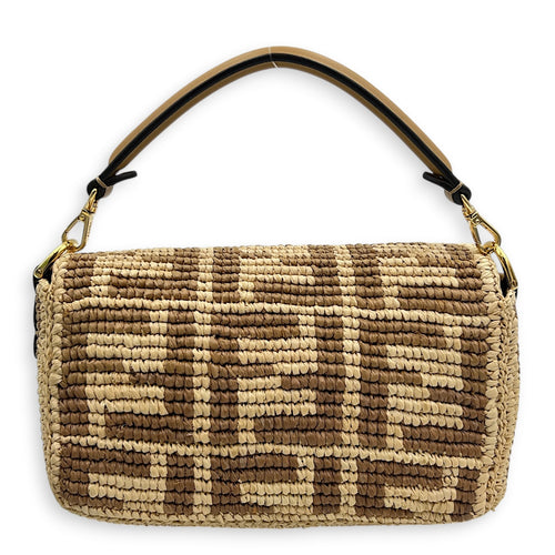 Baguette Mini Brown Crossbody Bag in Raffia, Gold hardware