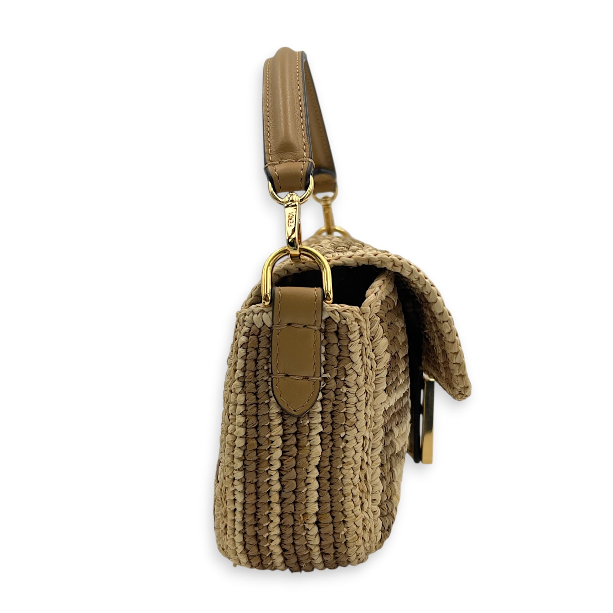 Baguette Mini Brown Crossbody Bag in Raffia, Gold hardware