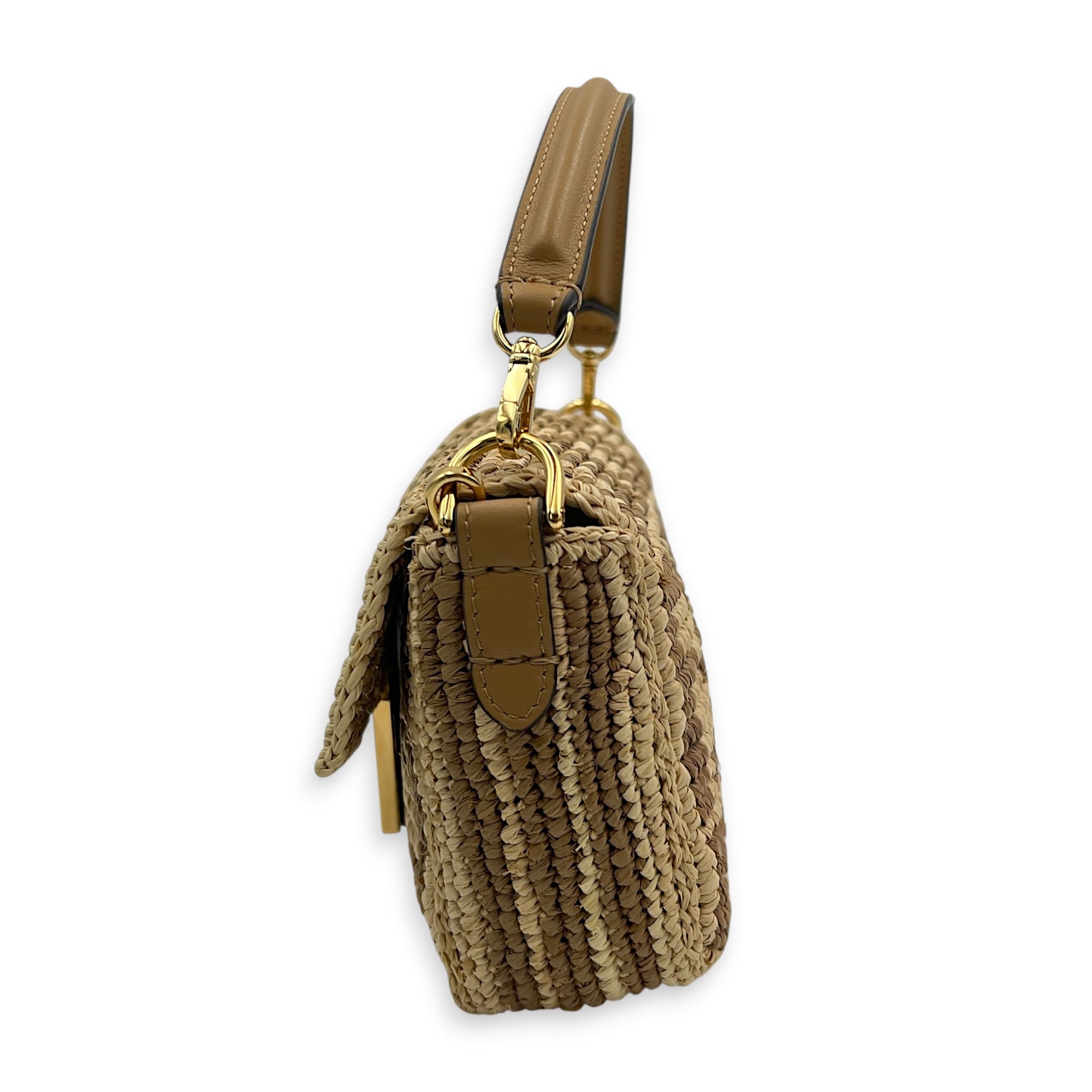 Baguette Mini Brown Crossbody Bag in Raffia, Gold hardware