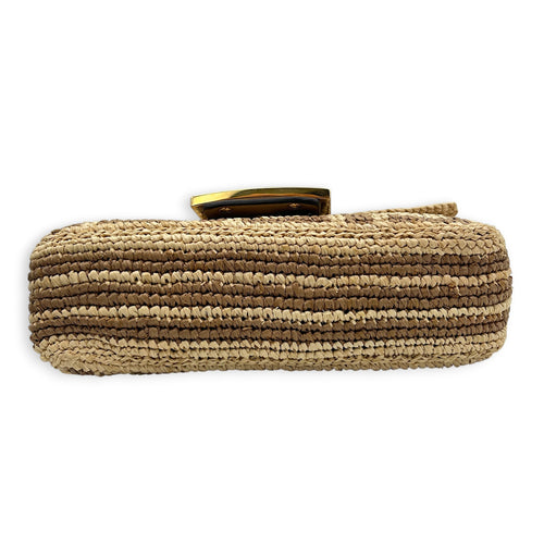 Baguette Mini Brown Crossbody Bag in Raffia, Gold hardware