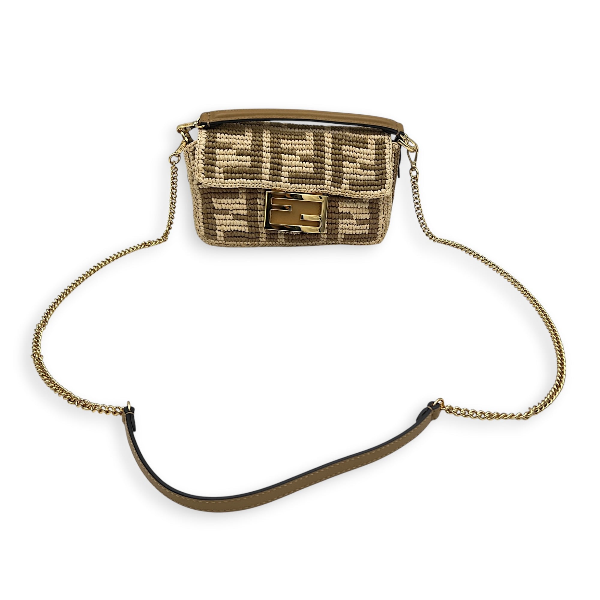 Baguette Mini Brown Crossbody Bag in Raffia, Gold hardware