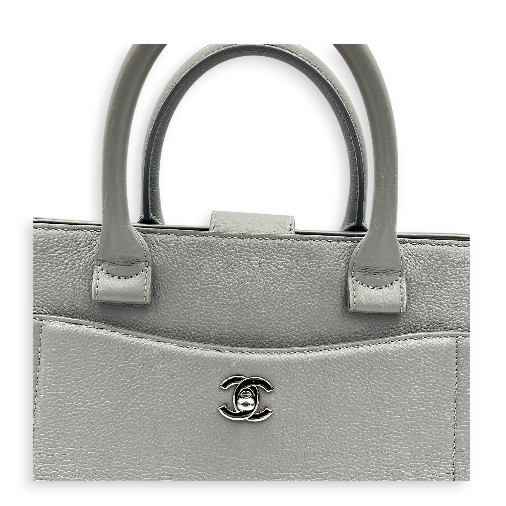 Neo Executive Tote Top Handle Bag Grey in Calfskin, Silver hardware