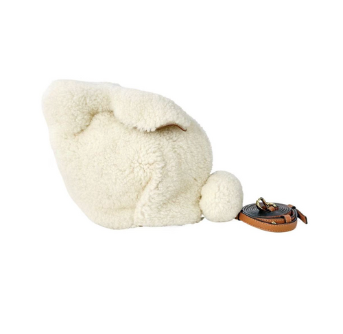 Shearling Bunny Shoulder Bag White in Wool, Gold hardware