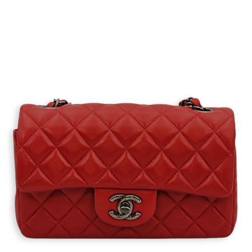 Rectangle Mini Red Crossbody Bag in Lambskin, Ruthenium hardware