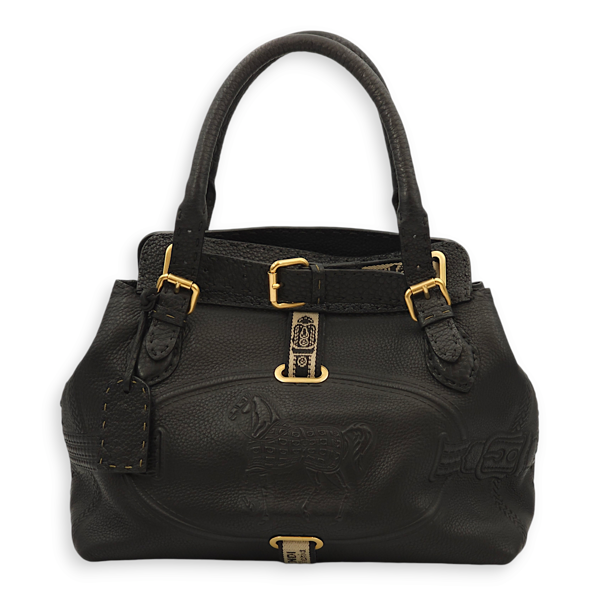 Romano Selleria Borghese Black Tote Bag in Calfskin, Gold hardware