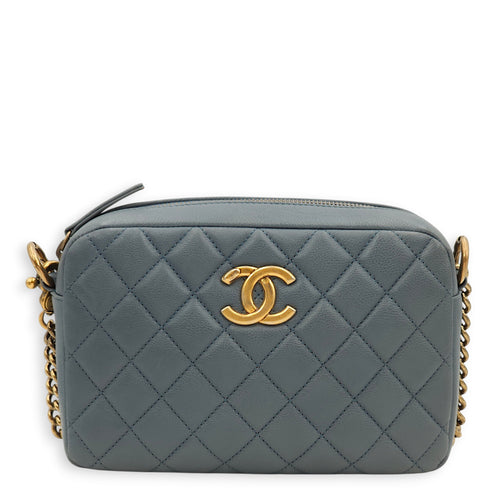 Quilted Camera Blue Crossbody Bag in Calfskin, Gold hardware