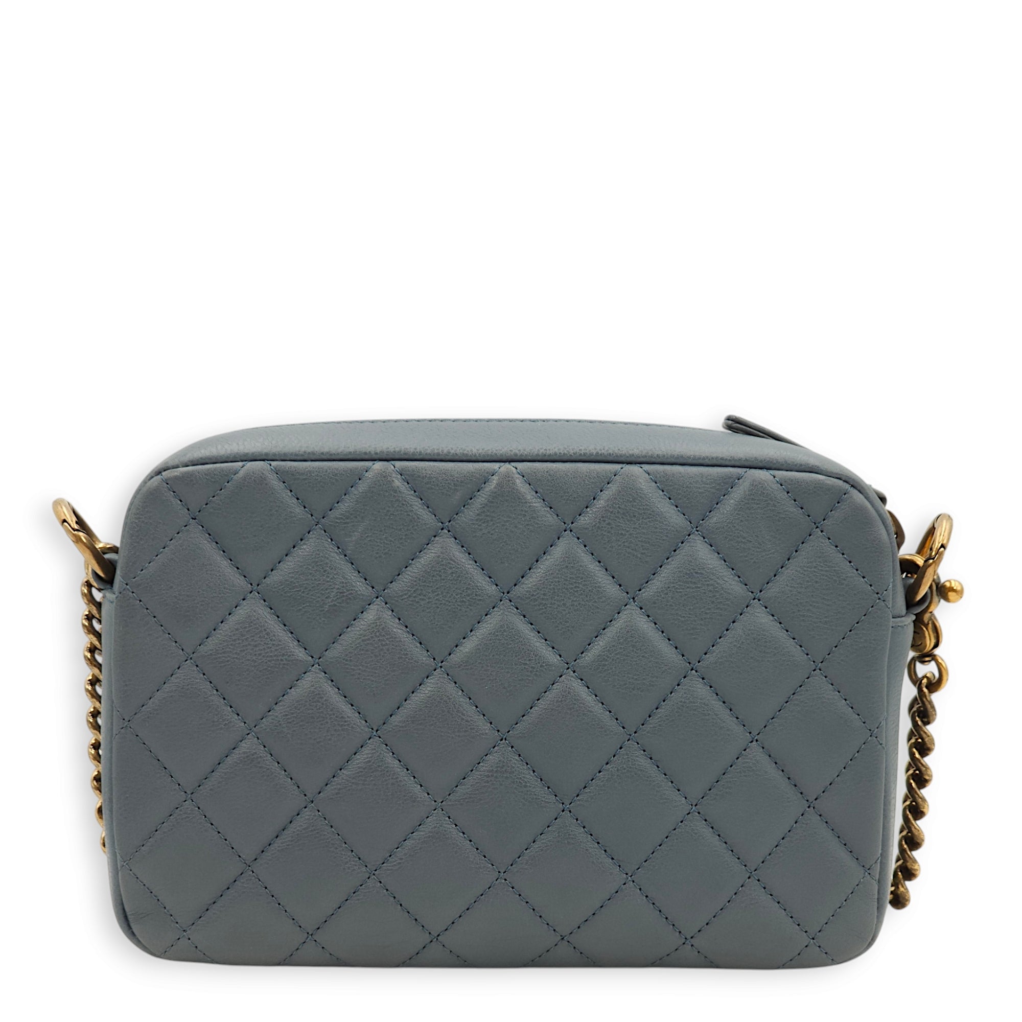 Quilted Camera Blue Crossbody Bag in Calfskin, Gold hardware