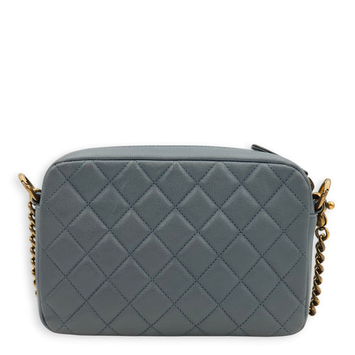 Quilted Camera Blue Crossbody Bag in Calfskin, Gold hardware