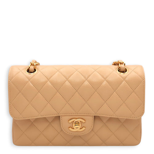 Classic Double Flap Small Beige Shoulder Bag in Caviar, Gold hardware