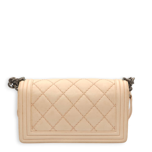 Le Boy Medium Beige Shoulder Bag in Calfskin, Ruthenium hardware