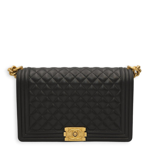 Le Boy Medium Black Shoulder Bag in Caviar Leather, Gold hardware