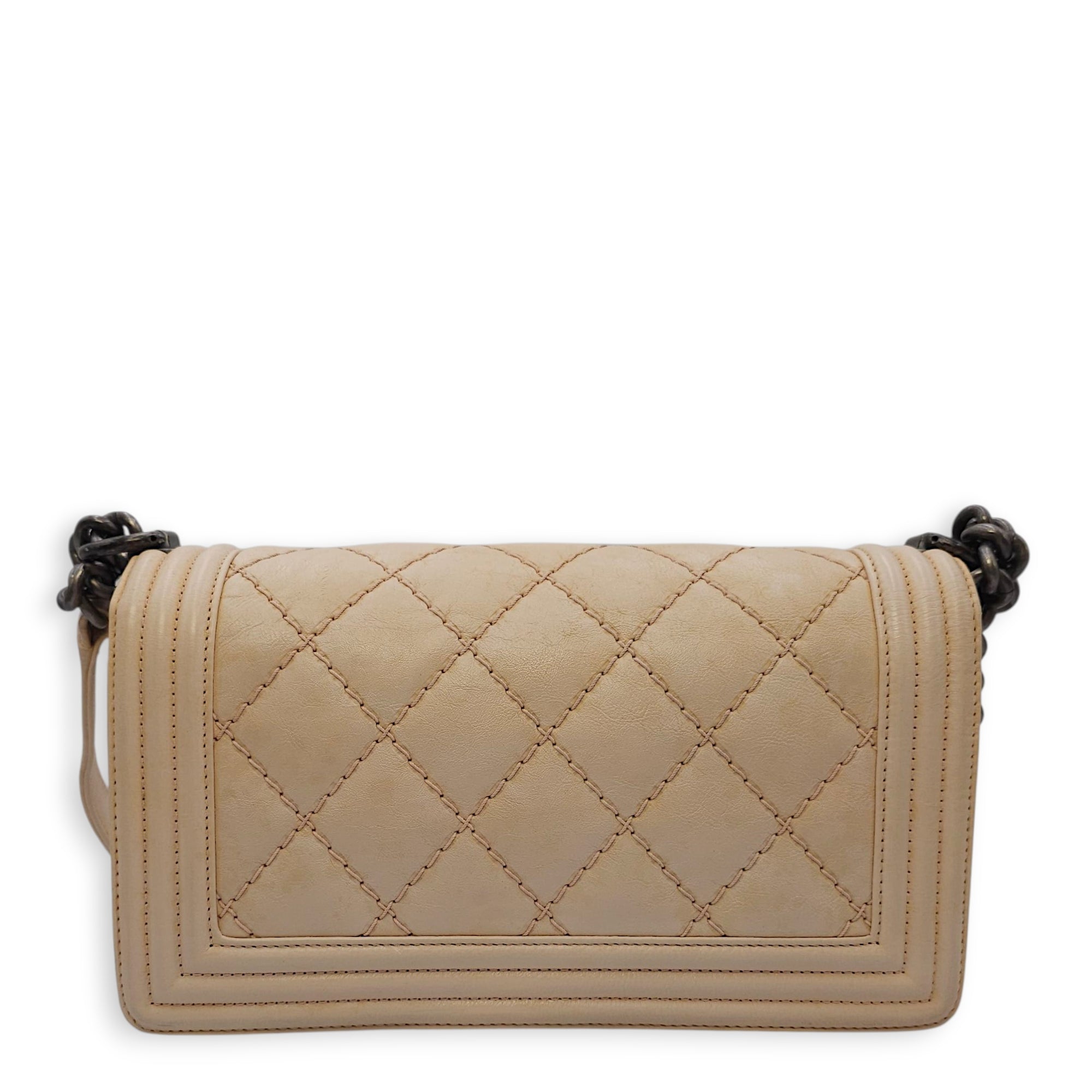 Le Boy Medium Beige Shoulder Bag in Calfskin, Ruthenium hardware