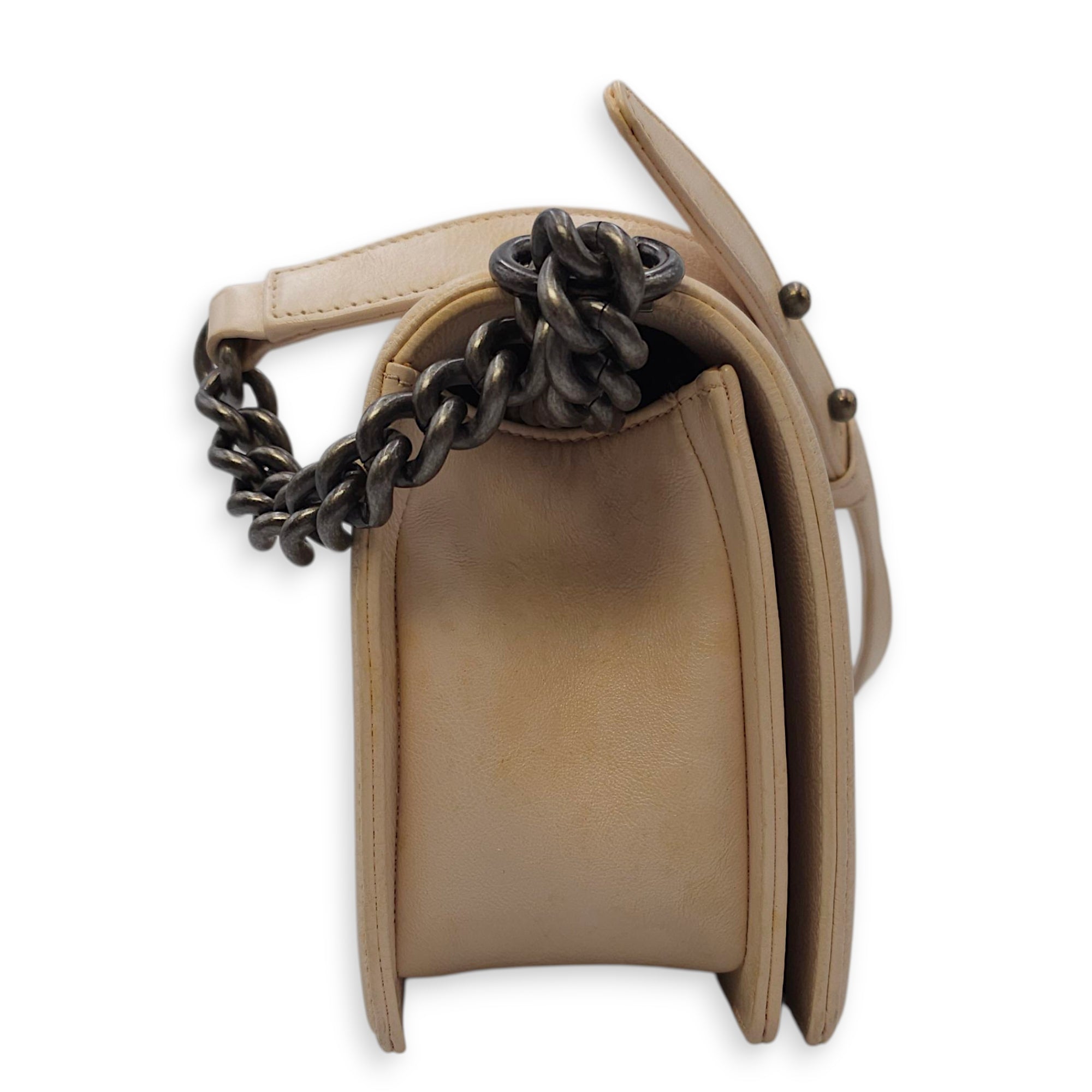 Le Boy Medium Beige Shoulder Bag in Calfskin, Ruthenium hardware