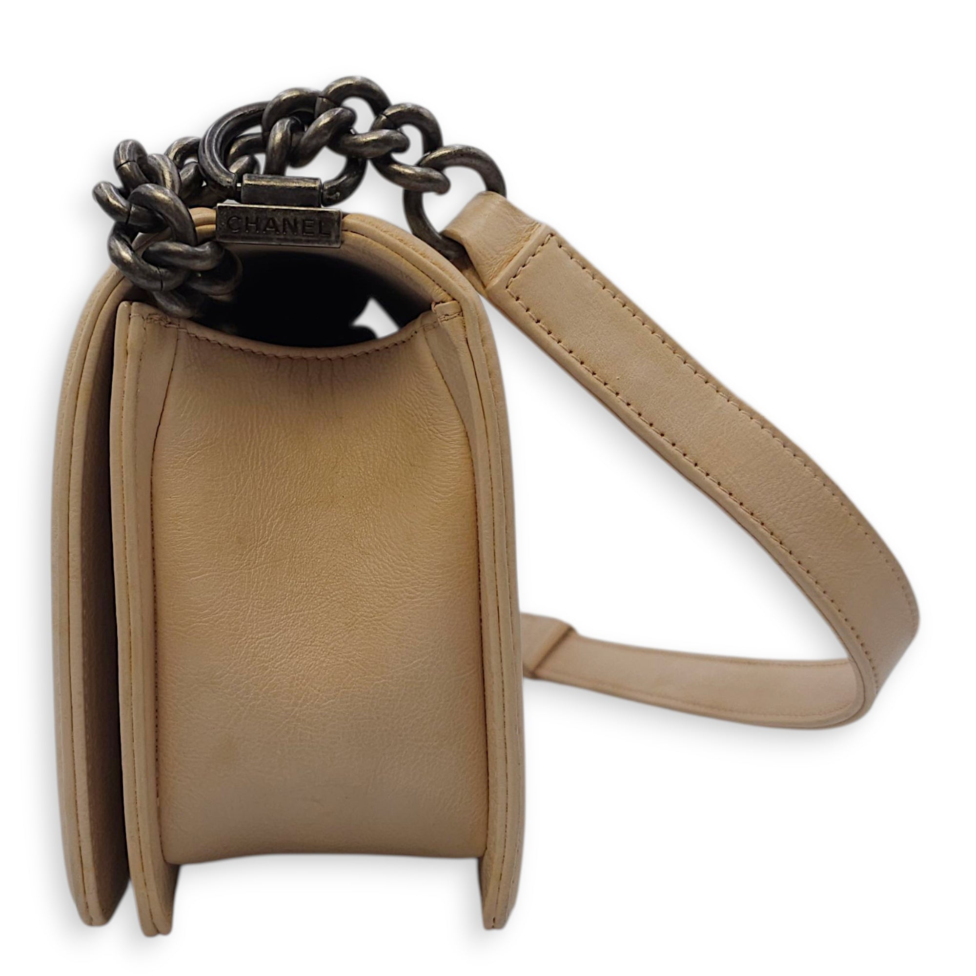 Le Boy Medium Beige Shoulder Bag in Calfskin, Ruthenium hardware