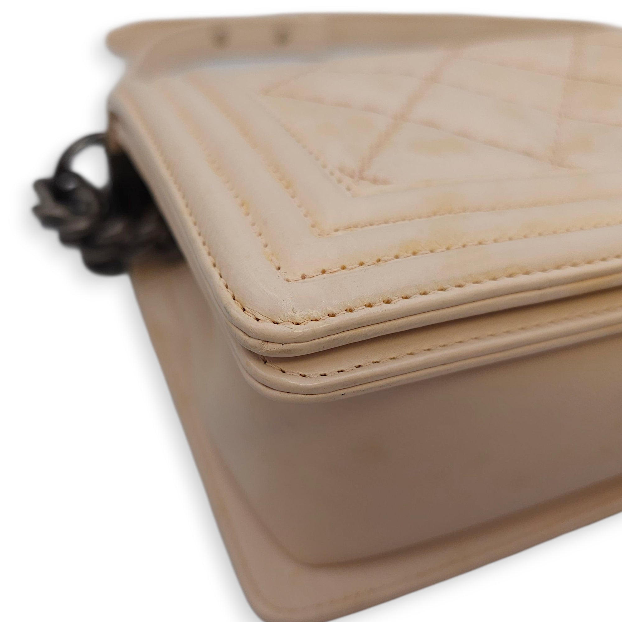 Le Boy Medium Beige Shoulder Bag in Calfskin, Ruthenium hardware