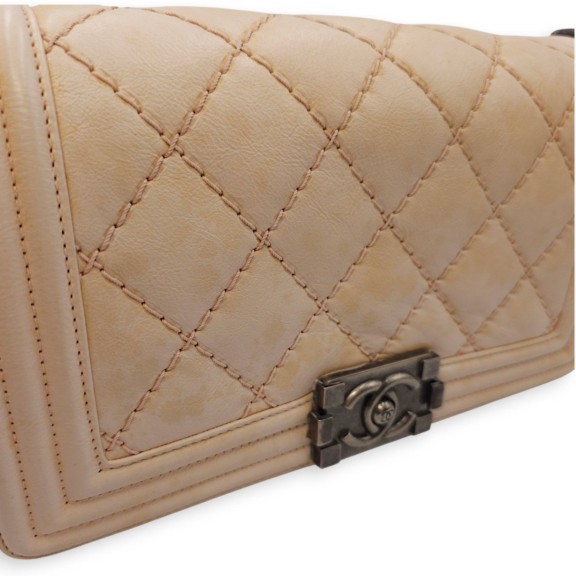 Le Boy Medium Beige Shoulder Bag in Calfskin, Ruthenium hardware