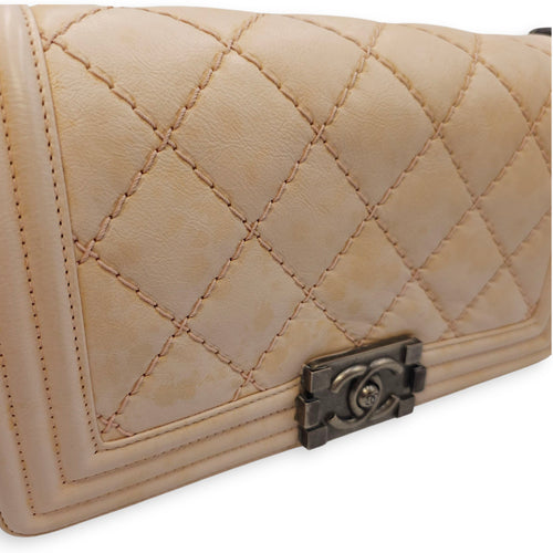 Le Boy Medium Beige Shoulder Bag in Calfskin, Ruthenium hardware