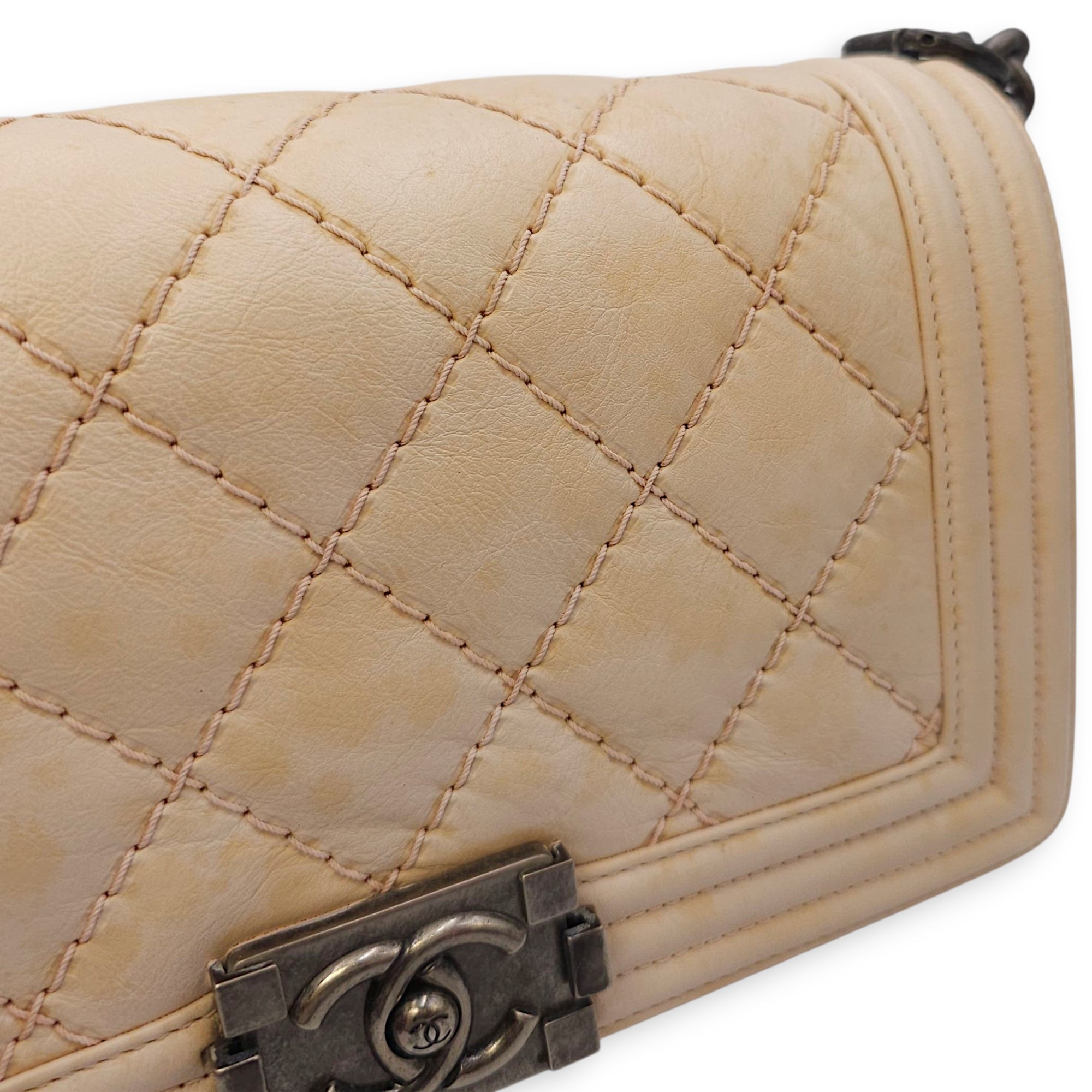 Le Boy Medium Beige Shoulder Bag in Calfskin, Ruthenium hardware