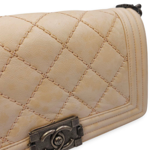 Le Boy Medium Beige Shoulder Bag in Calfskin, Ruthenium hardware