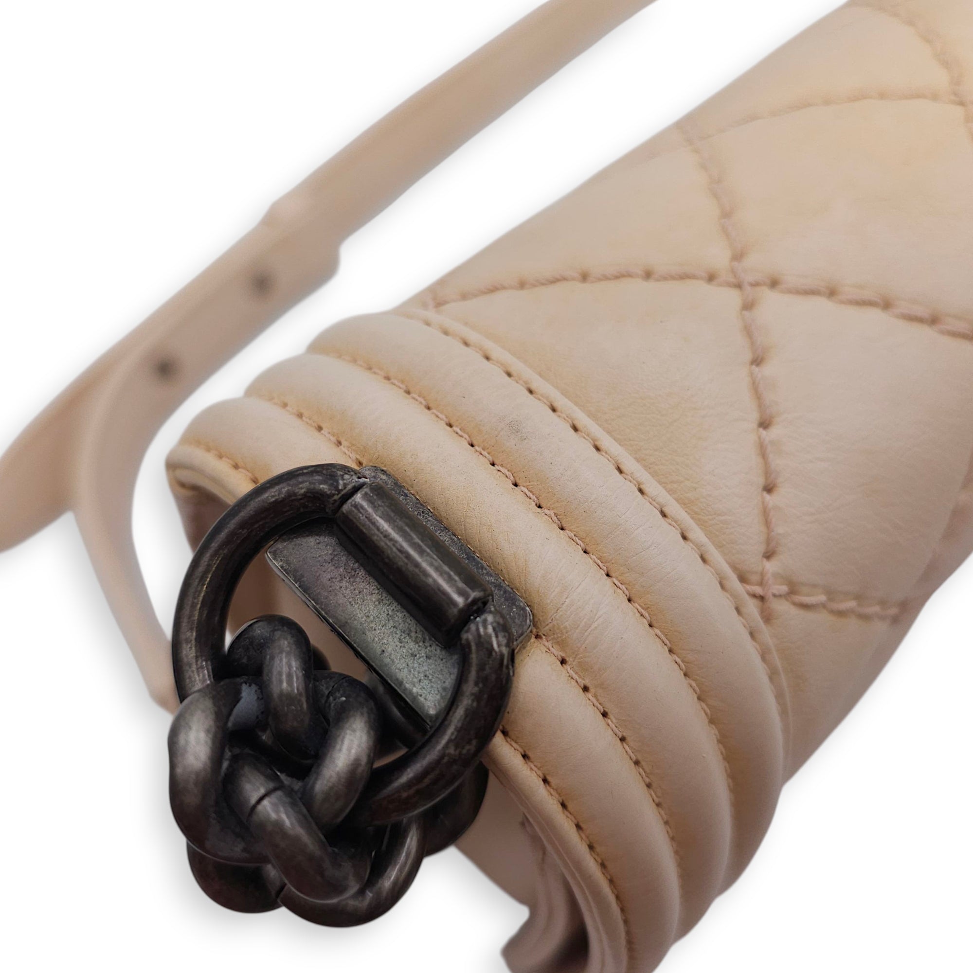 Le Boy Medium Beige Shoulder Bag in Calfskin, Ruthenium hardware