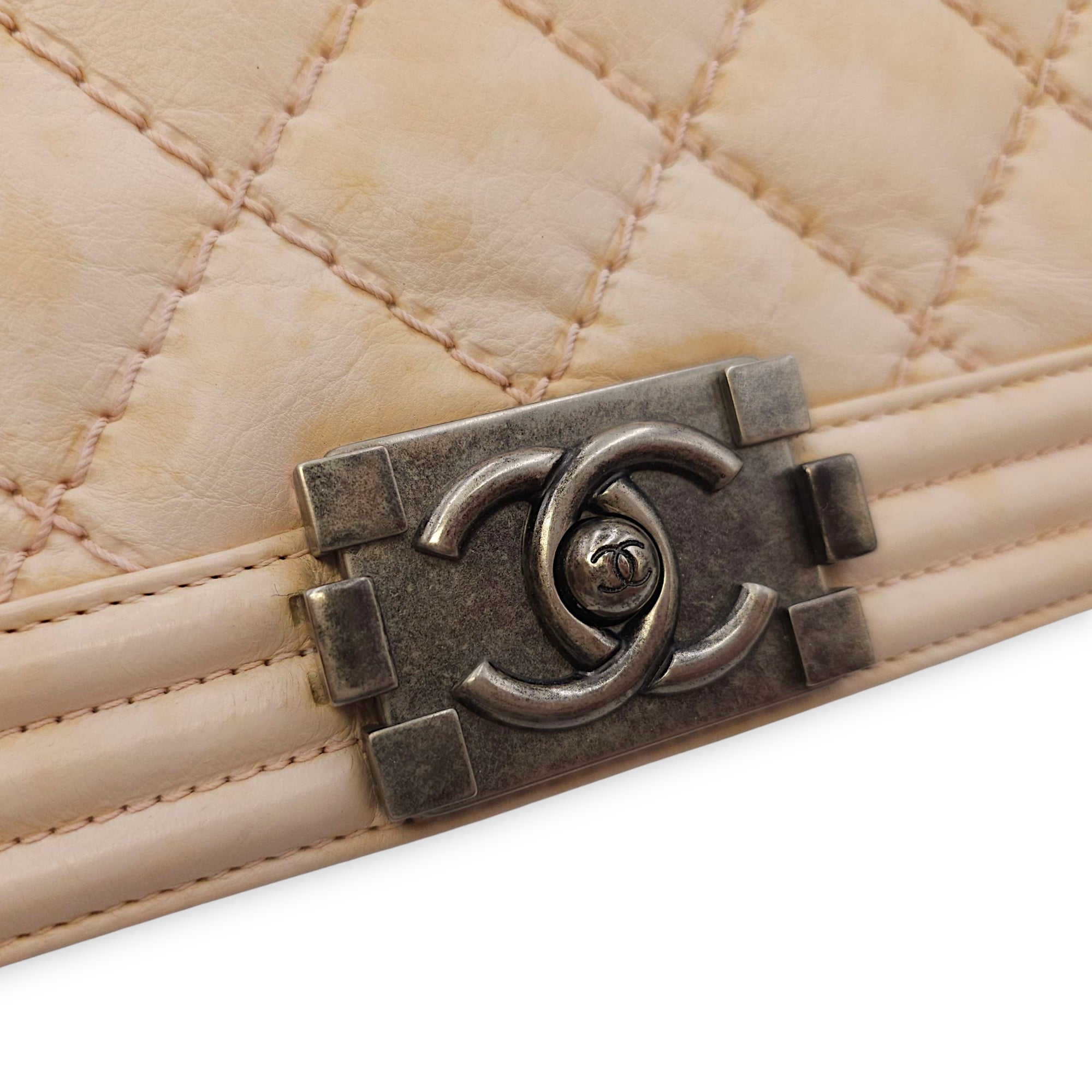 Le Boy Medium Beige Shoulder Bag in Calfskin, Ruthenium hardware