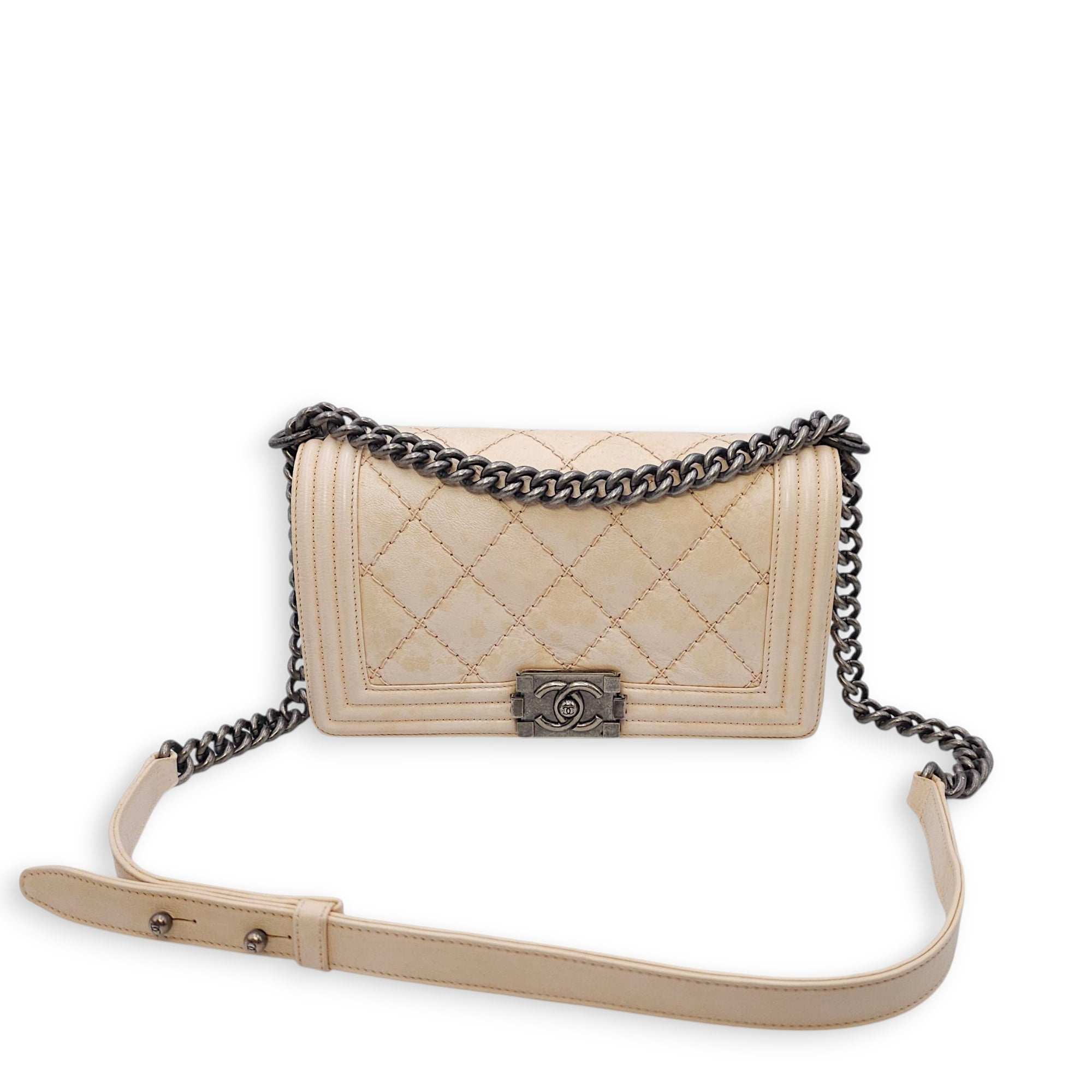 Le Boy Medium Beige Shoulder Bag in Calfskin, Ruthenium hardware