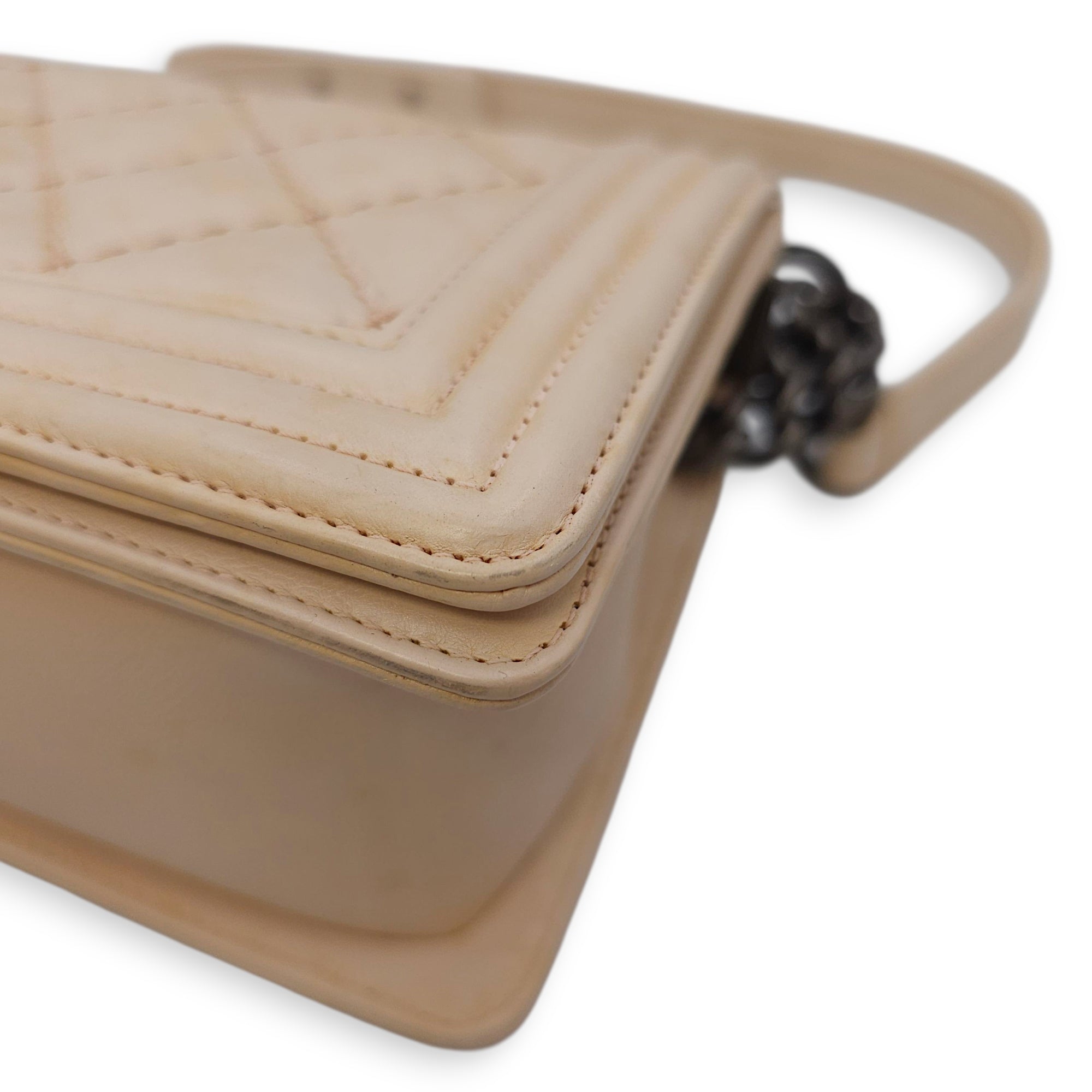 Le Boy Medium Beige Shoulder Bag in Calfskin, Ruthenium hardware